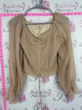 Athena milkmaid smock shirt Beige Smocked Sheer Sleeve Blouse